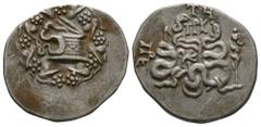 Ancient Greek Coins - Pergamum - Cistophoric Tetradrachm 76-67 BC. Obv: cista mystica, half-opened with a serpent emerging from it, surrounded by a wreath of ivy and vine leaves. Rev: two serpents ent
