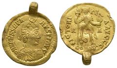 Saxon Coins - Visigoth Issue - Libius Severus (Severus III) - Emperor Standing Gold Solidus 461-465 AD. Uncertain mint, with contemporary loop attached. Obv: D N LIBIVS SEVERVS P F AVG legend with ros