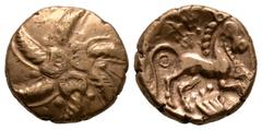 Celtic Coins-Addedomaros-Gold Spiral Stater 50-5 BC. Obv: six-armed spiral with three crescents at centre. Rev: horse right with three horse muzzles and ADDIIDOMI above (off flan) with cornucopia belo