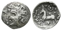 Celtic Coins - Iceni - Bury Diadem Silver Unit 50-40 BC. Obv: female head left with diadem, symbol before. Rev: prancing horse left with pellet-in-pelletted-ring, two pellets and pellet-in-annulet abo
