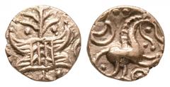 Celtic Coins - Iceni - Irstead Smiler 1/4 Stater 50-5 BC. Obv: latticed square on crescents with projecting branches and pellet-in-annulet at sides. Rev: horse right with with hollow crescent and two 