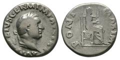 Imperial Coins - Vitellius - Vesta Denarius 69 AD. Rome mint. Obv: A VITELLIVS GERM IMP AVG TR P legend with laureate head right. Rev: PONT MAXIM legend with Vesta seated right, holding sceptre and pa