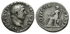 Imperial Coins - Vitellius - Concordia Denarius 69 AD. Rome mint. Obv: A VITELLIVS GERM IMP AVG TR P legend with laureate head right. Rev: CONCORDIA PR legend with Concordia seated left holding patera