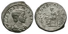 Imperial Coins - Julia Soaemias - Venus Denarius 220 AD. Rome mint. Obv: IVLIA SOAEMIAS AVG legend, draped bust right. Rev: VENVS CAELESTIS, Venus seated left, holding sceptre, extending her hand to C