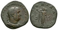Imperial Coins - Balbinus - Victory Sestertius 238 AD. Rome mint. Obv: IMP CAES D CAEL BALBINVS AVG legend with laureate, draped and cuirassed bust right. Rev: VICTORIA AVGG legend with Victory standi