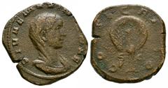Imperial Coins - Mariniana - Peacock Sestertius 256 AD. Rome mint. Obv: DIVAE MARINIANAE legend, diademed and veiled bust right. Rev: CONSECRATIO legend, Peacock in splendour facing, looking right; S-