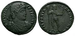 Imperial Coins - Jovian - Emperor Standing Follis 363-364 AD. Thessalonica mint. Obv: DN IOVIANVS PF PP AVG legend with rosette-diademed, draped and cuirassed bust right. Rev: VICTORIA ROMANORVM legen