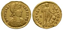 Imperial Coins - Honorius - Emperor Gold Solidus 402-403 AD. Ravenna mint. Obv: DN HONORIVS PF AVG legend with diademed, draped and cuirassed bust right. Rev: VICTORIA AVGGG legend with Honorius stand