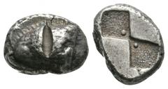 Ancient Greek Coins-Sinope - Eagle's Head Drachm 490-425 BC. Obv: eagle's head left, leg visible, (dolphin below, off flan"). Rev: granulated bipartite incuse, each square containing a dot. Dewing 212