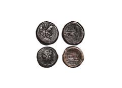 Republican - Anonymous - As and Semis Group [2] 169-158 BC // uncertain. As, Rome mint. Obv: laureate head of Janus with I above. Rev: prow right with BAL above (AL ligate), I to right, ROMA below. Se