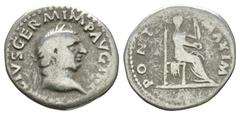 Imperial Coins - Vitellius - Vesta Denarius 69 AD. Rome mint. Obv: A VITELLIVS GERM IMP AVG TR P legend with laureate head right. Rev: PONT MAXIM legend with Vesta seated right, holding patera and sce