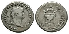Imperial Coins - Titus - Dolphin on Tripod Denarius 80 AD. Rome mint. Obv: IMP TITVS CAES VESPASIAN AVG P M legend with laureate bust right. Rev: TR P IX IMP XV COS IIII P P legend with dolphin over t