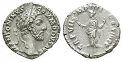 Imperial Coins - Commodus - Felicitas Denarius 181 AD. Rome mint. Obv: M COMMODVS ANTONINVS AVG legend with laureate head right. Rev: TR P VI IMP IIII COS III PP legend with Felicitas standing left, h