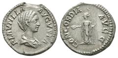 Imperial Coins - Plautilla - Concordia Denarius 202-203 AD. Rome mint. Obv: PLAVTILLA AVGVSTA legend with draped bust right, hair in nearly vertical waves. Rev: CONCORDIA AVGG legend with Concordia, d
