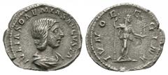 Imperial Coins - Julia Soaemias - Juno Denarius 220 AD. Rome mint. Obv: IVLIA SOAEMIAS AVGVSTA legend with draped bust right. Rev: IVNO REGINA legend with Juno standing right, holding sceptre and pall