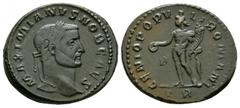 Imperial Coins - Galerius Maximian - Genius Follis 295 AD. Trier mint. Obv: MAXIMIANVS NOB CAES legend with laureate head right. Rev: GENIO POPV-LI ROMANI legend with Genius standing left, modius on h