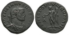 Imperial Coins - Galerius Maximian - Genius Follis 298 AD. Lyons mint. Obv: MAXIMIANVS NOB CAES legend with laureate, draped and cuirassed bust right. Rev: GENIO POPV-LI ROMANI legend with Genius stan