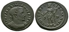 Imperial Coins - Galerius Maximian - Genius Follis 305-307 AD. Trier mint. Obv: IMP MAXIMIANVS P AVG legend with laureate, cuirassed bust right. Rev: GENIO POPVLI ROMANI legend with Genius, towered an