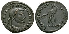 Imperial Coins - Galerius Maximian - Genius Follis 303 AD. London mint. Obv: MAXIMIANVS NOBIL C legend with laureate, draped and cuirassed bust right. Rev: GENIO POPV-LI ROMANI legend with Genius stan