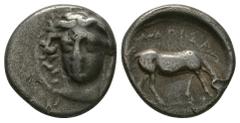 Ancient Greek Coins - Larissa - Horse Drachm 350-325 BC. Obv: head of Larissa facing three-quarters to left, wearing ampyx, pendant earring and necklace. Rev: LARISA legend above horse grazing right. 
