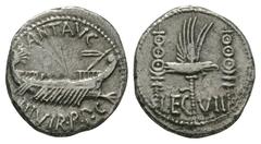 Mark Antony - Legion VII Denarius 32 BC. Military mint travelling with Mark Anthony. Obv: Praetorian galley with ANT AVG III VIR R P C legend above and below. Rev: legionary eagle between two standard