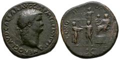 Nero - Emperor on Platform Sestertius 63 AD. Rome mint. Obv: NERO CLAVD CAESAR AVG GER PM TR P IMP PP legend with laureate head right, aegis on shoulder. Rev: CONG II DAT POP legend with Nero, bare-he