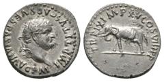Roman Imperial Coins - Titus - Elephant Denarius 80 AD. Rome mint. Obv: IMP TITVS CAES VESPASIAN AVG P M legend with laureate head right. Rev: TRP IX IMP XV COS VIII PP legend with elephant walking le