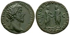 Marcus Aurelius - Emperor w/ Lucius Verus Sestertius 161-162 AD. Rome mint. Obv: IMP CAES M AVREL ANTONINVS AVG P M legend with laureate head right. Rev: CONCORD AVGVSTORVM TR P XVI legend around, S-C