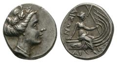 Ancient Greek Coins - Histiaea - Nymph Tetrobol 200-146 BC. Obv: head of the nymph Histiaia right, wearing earring, necklace and vine wreath, hair in sphendone. Rev: ISTI-AIEWN legend with the Nymph H