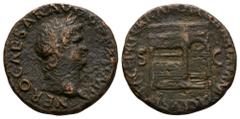 Ancient Roman Imperial Coins - Nero - Temple As 65 AD. Rome mint. Obv: NERO CAESAR AVG GERM IMP legend with laureate head right. Rev: view of one front of the temple of Janus with latticed window to l