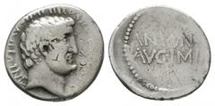 Mark Antony - Portrait Denarius. Summer, 32 BC. Athens mint. Obv: ANTON AVG IMP III COS DES III III V R P C legend with bare head of Antony right. Rev: ANTONIVS / AVG IMP III legend in two lines. Craw