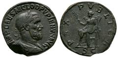 Pupienus - Pax Sestertius. April-July 238 AD. Rome mint. Obv: IMP CAES M CLOD PVPIENVS AVG legend with laureate, draped and cuirassed bust right. Rev: PAX PVBLICA legend with Pax seated left holding o