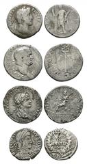 Titus to Julian II - Denarii and Siliqua [4]. 79-363 AD. Group comprising: denarii, Titus (winged caduceus), Trajan (plated; Concord), Antoninus Pius (standing figure); siliqua, Julian II (wreath, Rom