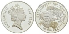 Fiji - 1997 - Silver Proof Wedding 10 Dollars. Dated 1997 AD. Obv: profile bust with ELIZABETH II FIJI legend and date. Rev: co-joined busts of Elizabeth II and Philip with gilded arms below right and