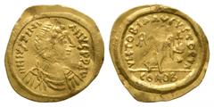 Coins - Byzantine Very fine. Ancient Byzantine Coins - Justinian I - Gold Victory Tremissis 527-565 AD. Constantinople mint. Obv: D N IVSTINIANVS PP AV legend with diademed, draped and cuirassed bust 