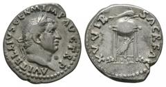 Coins - Roman Imperial Good very fine. Rare. Ancient Roman Imperial Coins - Vitellius - Tripod-Lebes Denarius July-December 69 AD. Rome mint. Obv: A VITELLIVS GERM IMP AVG TR P legend with laureate bu