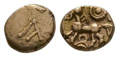 Coins - Celtic Iron Age Very fine. Scarce. Celtic Iron Age Coins - Atrebates and Regni - Commius - Gold A-Type Quarter Stater 50-25 BC. Obv: letter A (or AT monogram"). Rev: horse left with pellet-in-