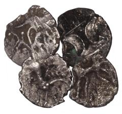 Coins - Celtic Iron Age Fine, chipped. Celtic Iron Age Coins - Iceni - Double Crescent Units [4] 1st century AD. Obvs: double crescent and wreath. Revs: horse right; some with inscriptions below. 2.90