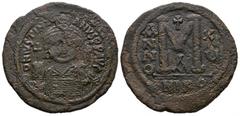 Coins - Byzantine Fine. Ancient Byzantine Coins - Justinian I - Large M Follis 527-565 AD. Nicomedia mint, year 15. Obv: D N IVSTINIANVS PP AVG legend with halemted and cuirassed facing bust, holding 