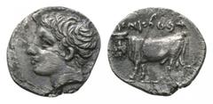 Coins - Greek Ancient Greek Coins - Panormus - River God Litra. 425-300 BC. Under Punic occupation. Obv: head of youthful river god left, dolphin behind head. Rev: Punic legend sb 'l sys above, man-he