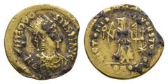 Coins - Roman Imperial Ancient Roman Imperial Coins - Theodosius - Barbarous Gold Fouree Tremissis. 4th-5th century AD. Copying tremissis of Theodosius I, uncertain mint. Obv: D N THEODOSIVS P F AVG l