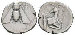 Coins - Greek Ancient Greek Coins - Ephesos - Bee and Stag Tetradrachm. 340-325 BC. Magistrate Aineas. Obv: E-F to left and right of bee with straight wings. Rev: AINEAS to right of forepart of stag r