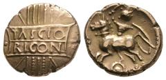 Coins - Celtic Iron Age Iron Age Celtic Coins - Catuvellauni - Tasciovanus - Gold 'Tascio Rigon' Stater. 20 BC-10 AD. Obv: TASCIO / RIGON in two lines in panels on vertical wreath. Rev: warrior in hel
