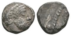 Coins - Greek Ancient Greek Coins - Phoenicia - Arados - Galley Tetrobol. Ca. 380-350 BC. Uncertain King. Obv: laureate and bearded head of Phoenician marine deity right. Rev: Phoenician script above 