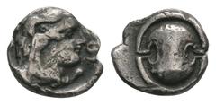Coins - Greek Ancient Greek Coins - Boeotia - Thebes - Shield Obol. 370–350 BC. Obv: Boeotian shield. Rev: ?E to right of youthful head of Herakles right, wearing lionskin headdress. BMC 169, SNG Cop.