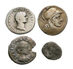 Coins - Roman Republican Roman Republican Coins - Denarii and Siliqua [4]. 1st century BC-4th century AD. Group comprising: Republic denarius; Imperial denarii (2), siliqua (clipped"). 8.57 grams tota