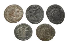Coins - Roman Imperial Ancient Roman Imperial Coins - Tacitus to Constantine I - Antoninianus and Folles [5]. 3rd-4th century AD. Group comprising: Tacitus, antoninianus (Spes); Maximian (Jupiter 1; L