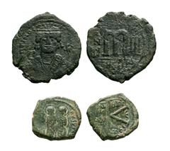 Coins - Byzantine Byzantine Coins - Justin II and Maurice Tiberius - Large M Follis and Half Follis [2]. 565-602 AD. Justin II and Sophia, 565-578 AD, half-follis, Thessalonica mint. Obv: Justin and S