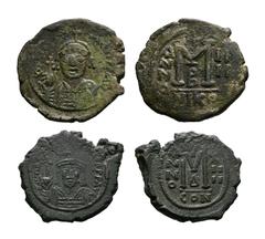 Coins - Byzantine Ancient Byzantine Coins - Tiberius II and Maurice Tiberius - Large M Folles [2]. 578-602 AD. Tiberius II Constantine, 578-582 AD, follis, Nicomedia mint, year 4. Obv: crowned facing 