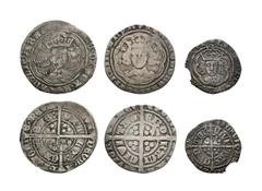 Coins - English Medieval English Medieval Coins - Edward III to Henry VII - Groats and Halfgroat [3]. 14th century AD. Group comprising: Edward III, groat, York; Henry VI, groat, annulets, Calais; Hen